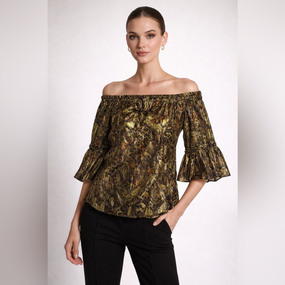 ✨🍂 Milly of New‎ York Metallic Silk Off-Shoulder Blouse Gold XS 2 🍂✨
